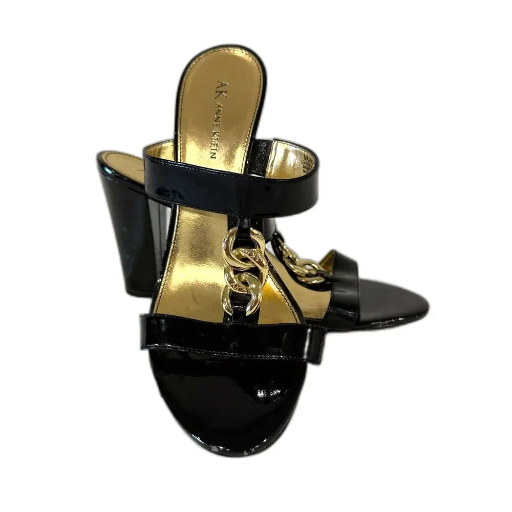 Anne Klein Black‎ Gold Chain Link Heels Sandal Slides Professional Womens 8.5
